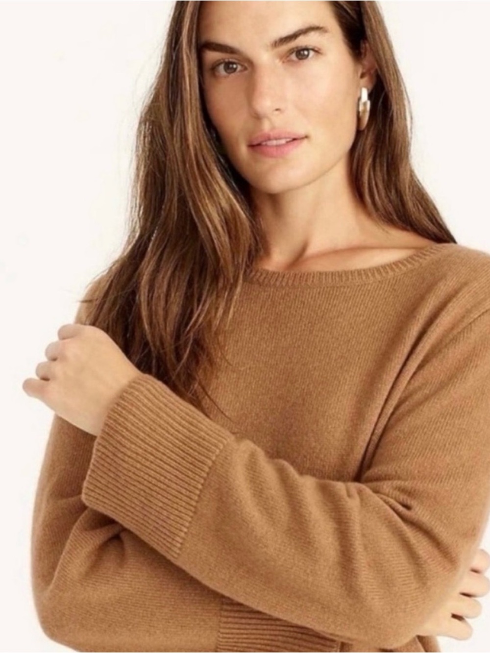 J. Crew Women's Camel/Tan Crewneck Cashmere Wool Long Sweater Medium - Picture 2 of 8